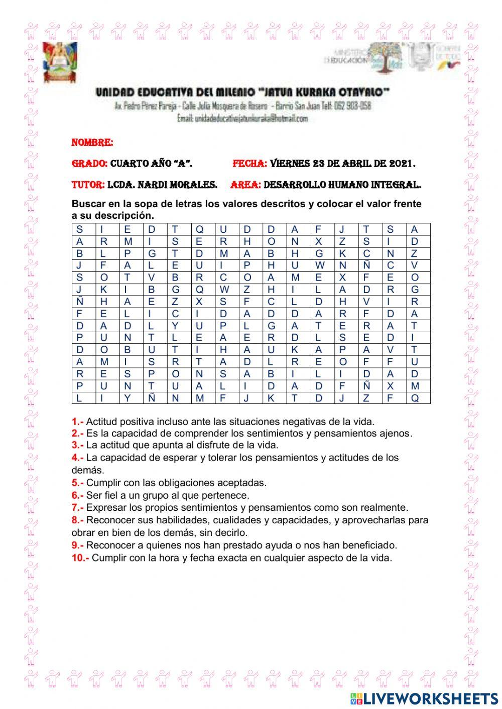 Sopa d letras de los valores