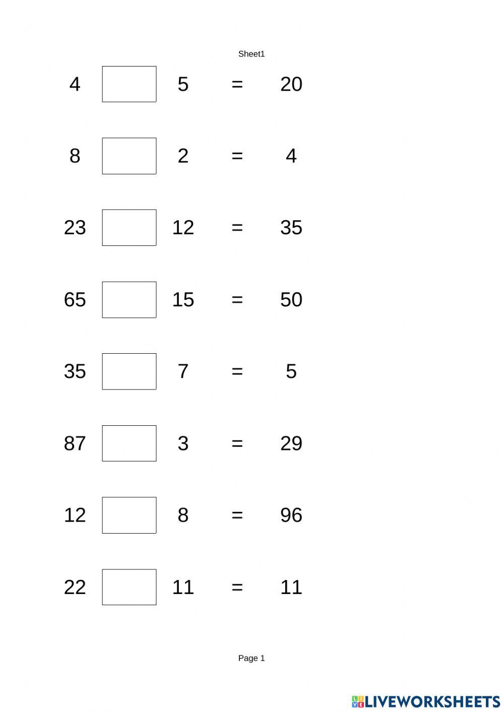 Math operators worksheet live worksheets