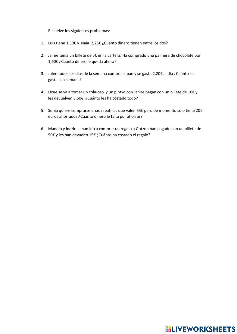 Matemáticas problemas con euros