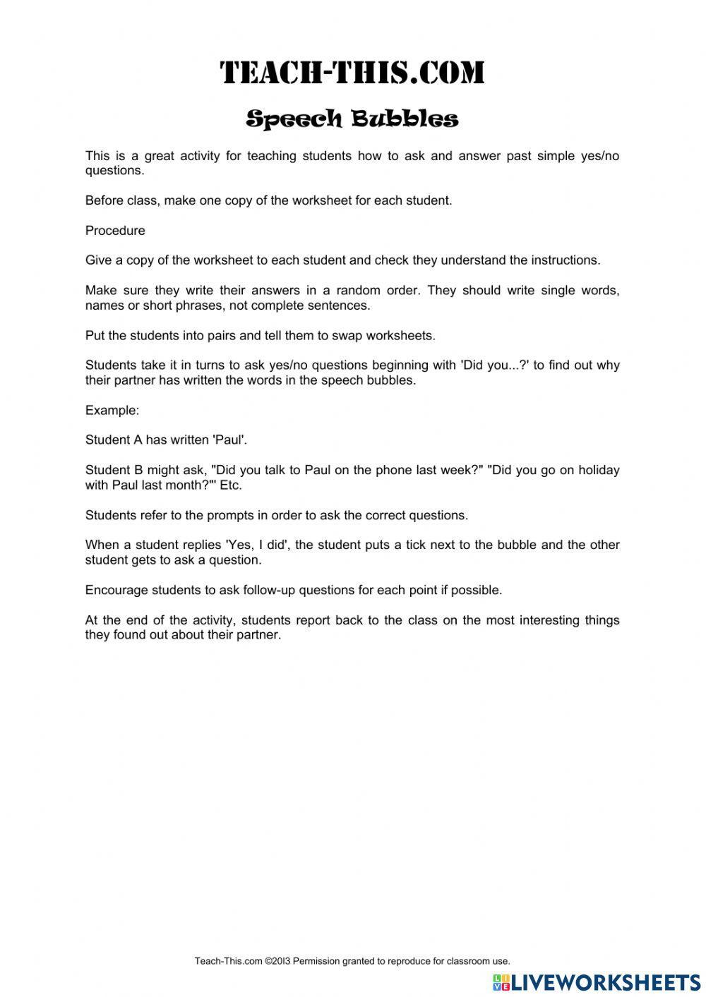 Speech bubbles - past simple questions