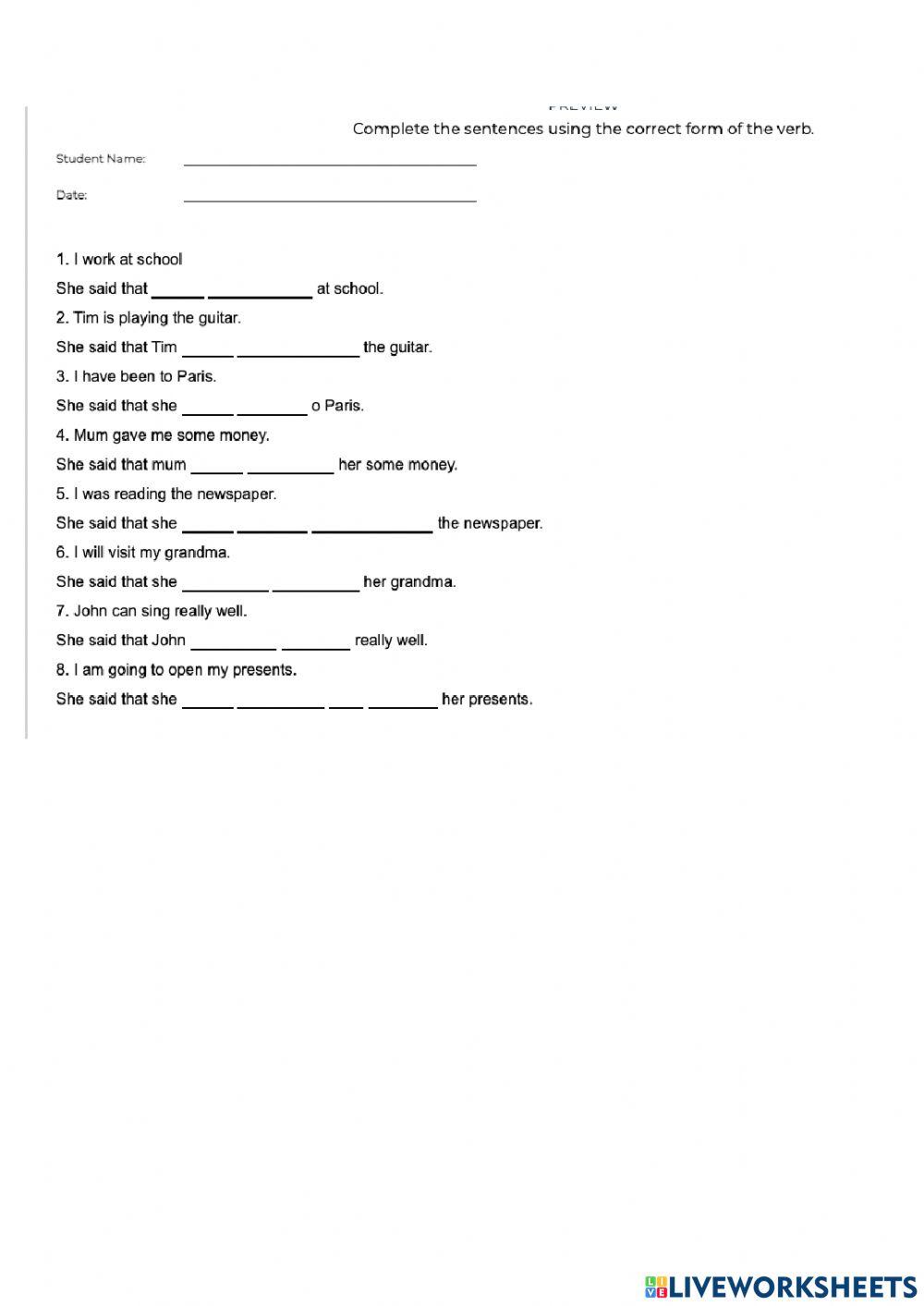 Reported speech online exercise for 7 | Live Worksheets