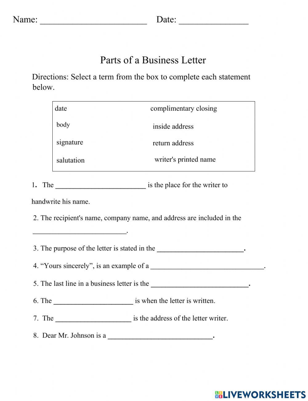 Business Letter Parts - Fill in Blanks