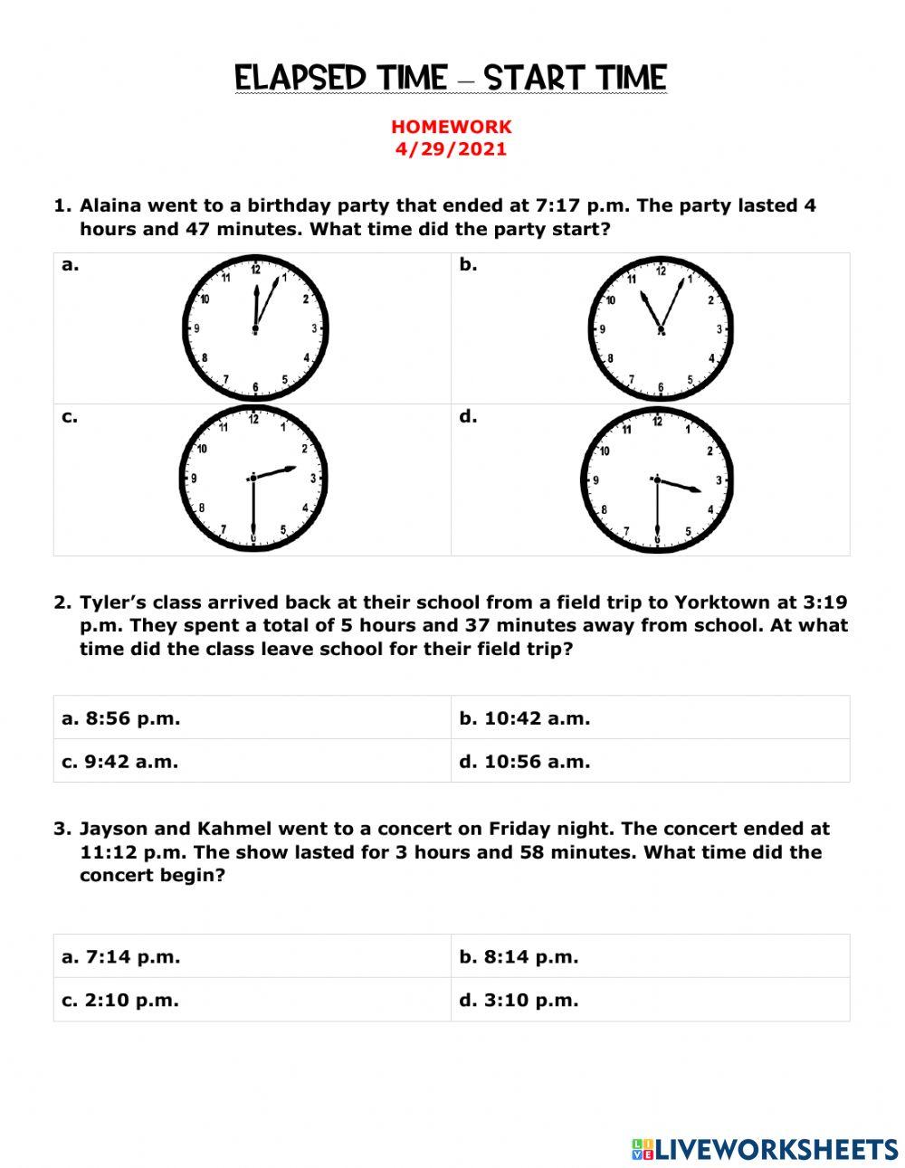 Elapsed Time - Start Time Homework