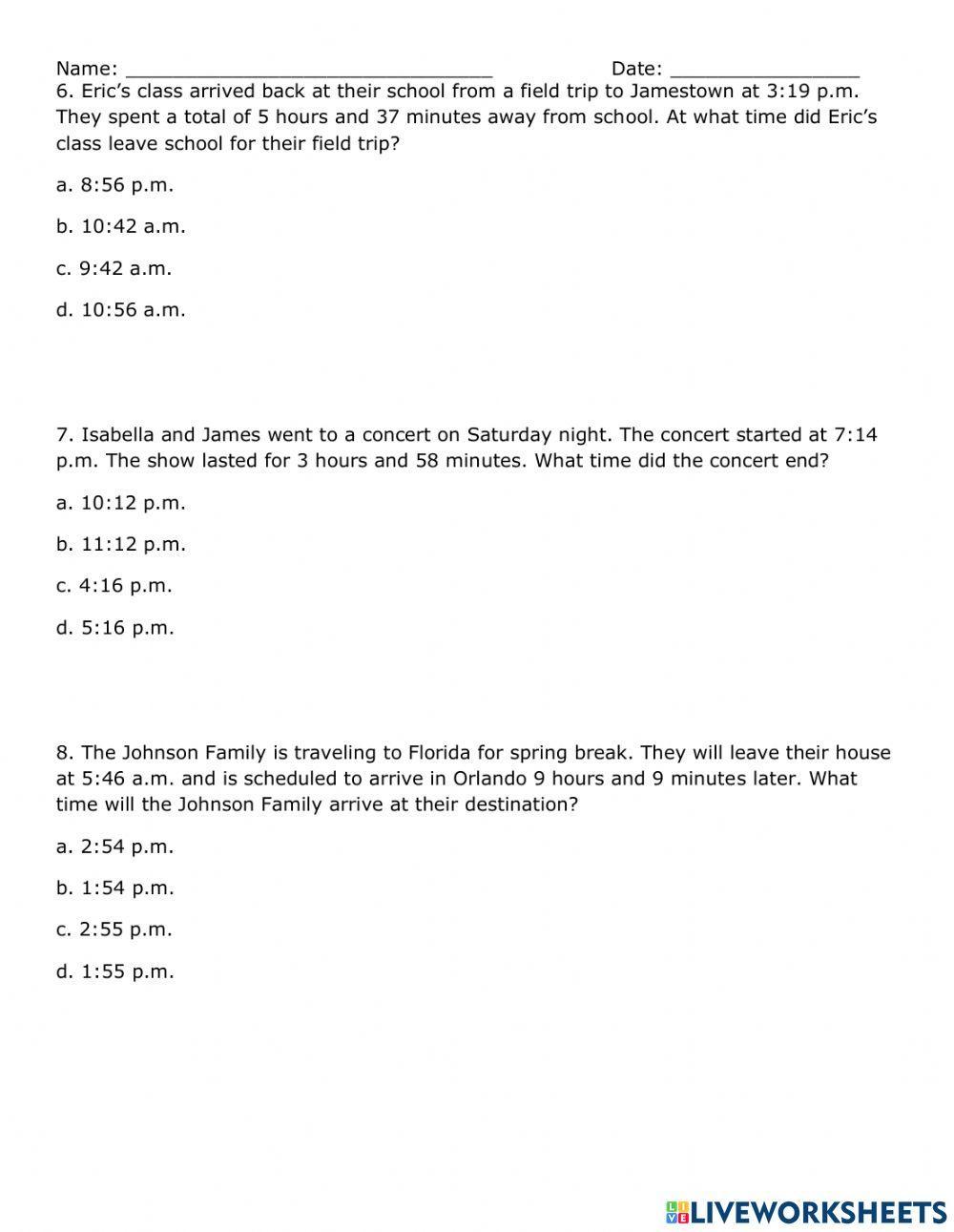 Elapsed Time Classwork