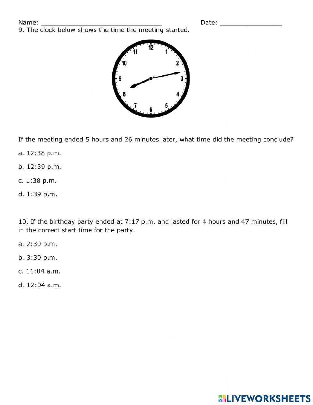 Elapsed Time Classwork