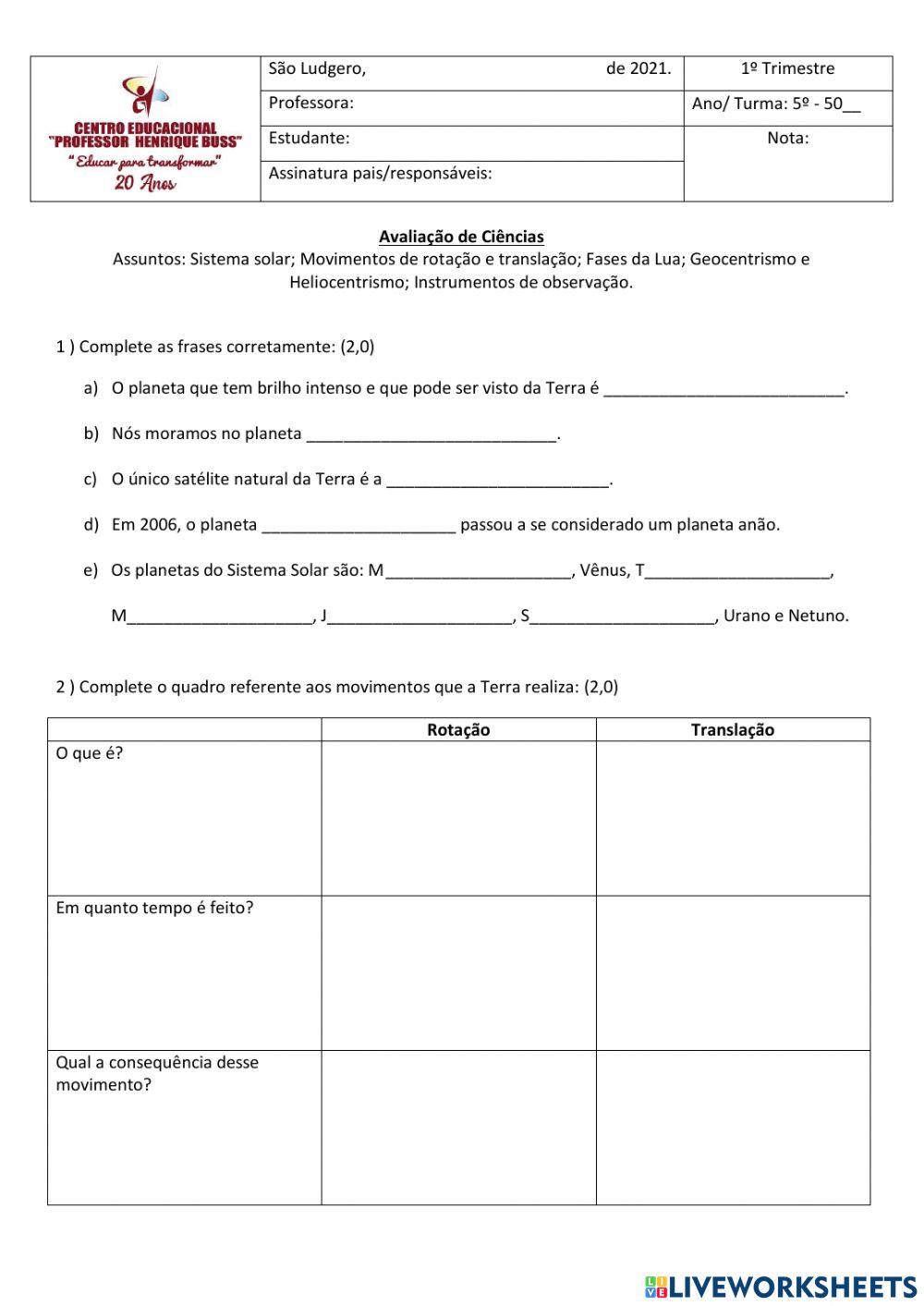 Avaliação Sistema Solar