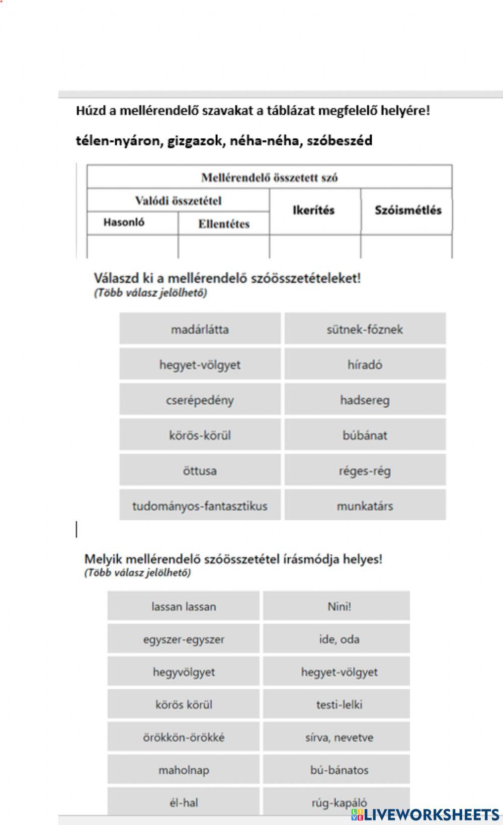 mellérendelő szóösszetétel