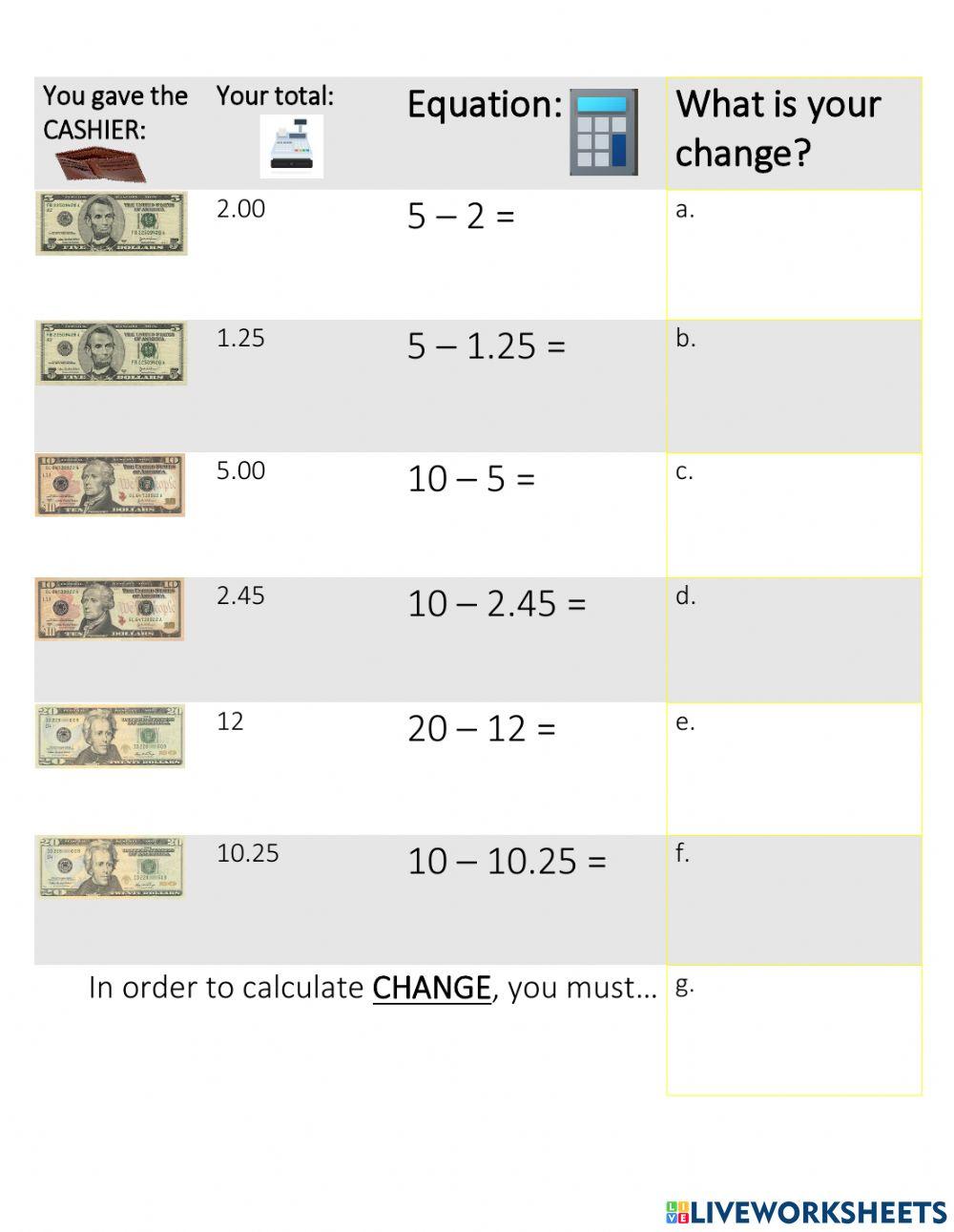 Calculating Change worksheet | Live Worksheets