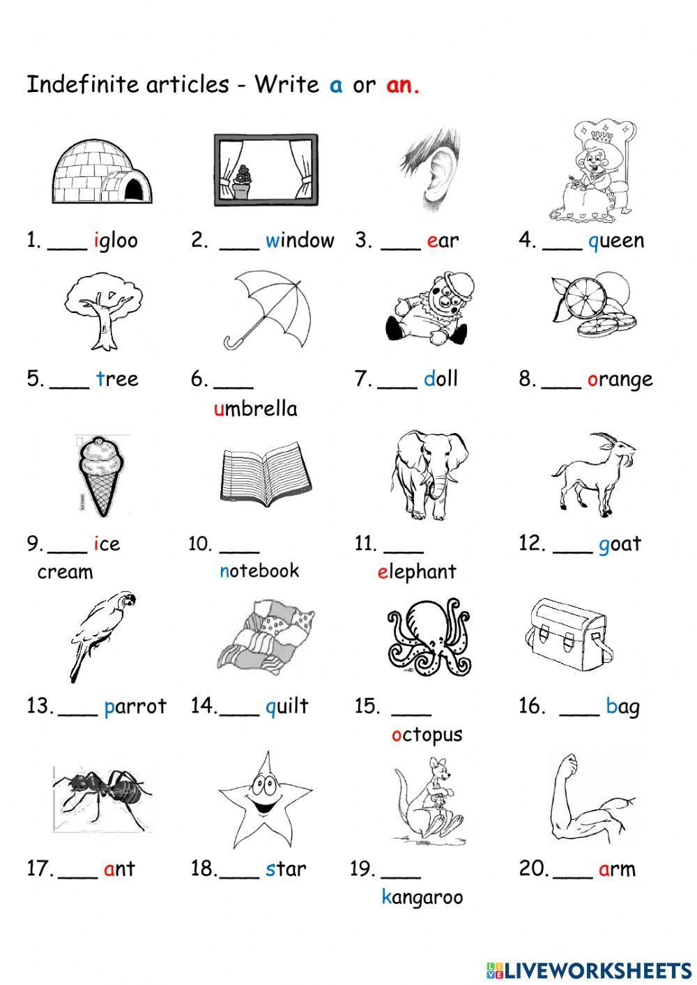 Indefinite articles - a or an - worksheet worksheet | Live Worksheets Indefinite articles - a or an - worksheet worksheet | Live Worksheets