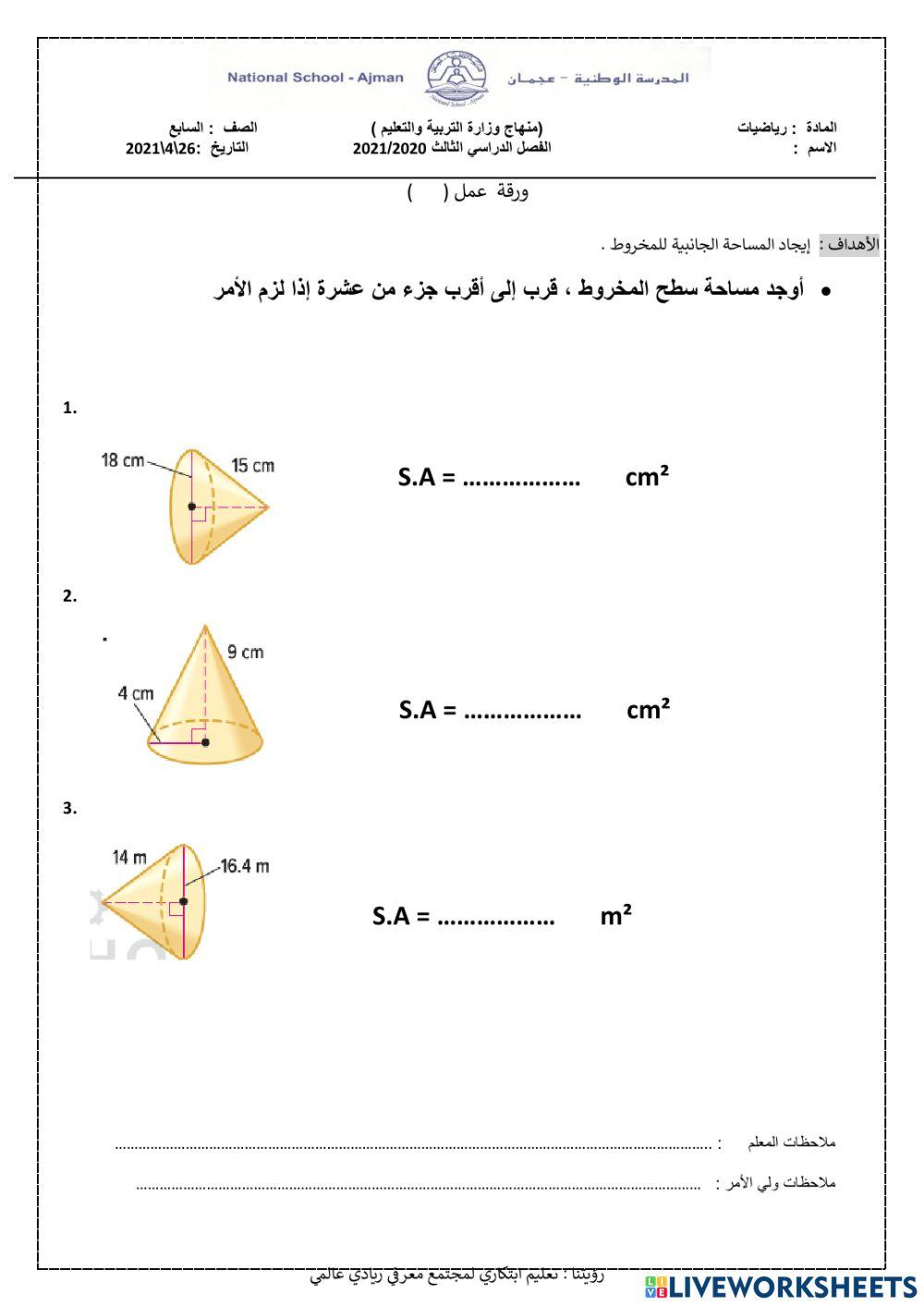 مساحة سطح المخروط