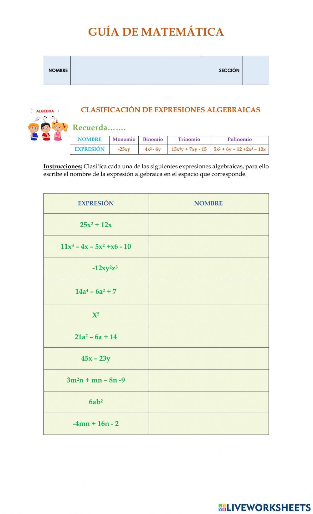 Clasificación, orden y valuación de expresiones algebraicaqs