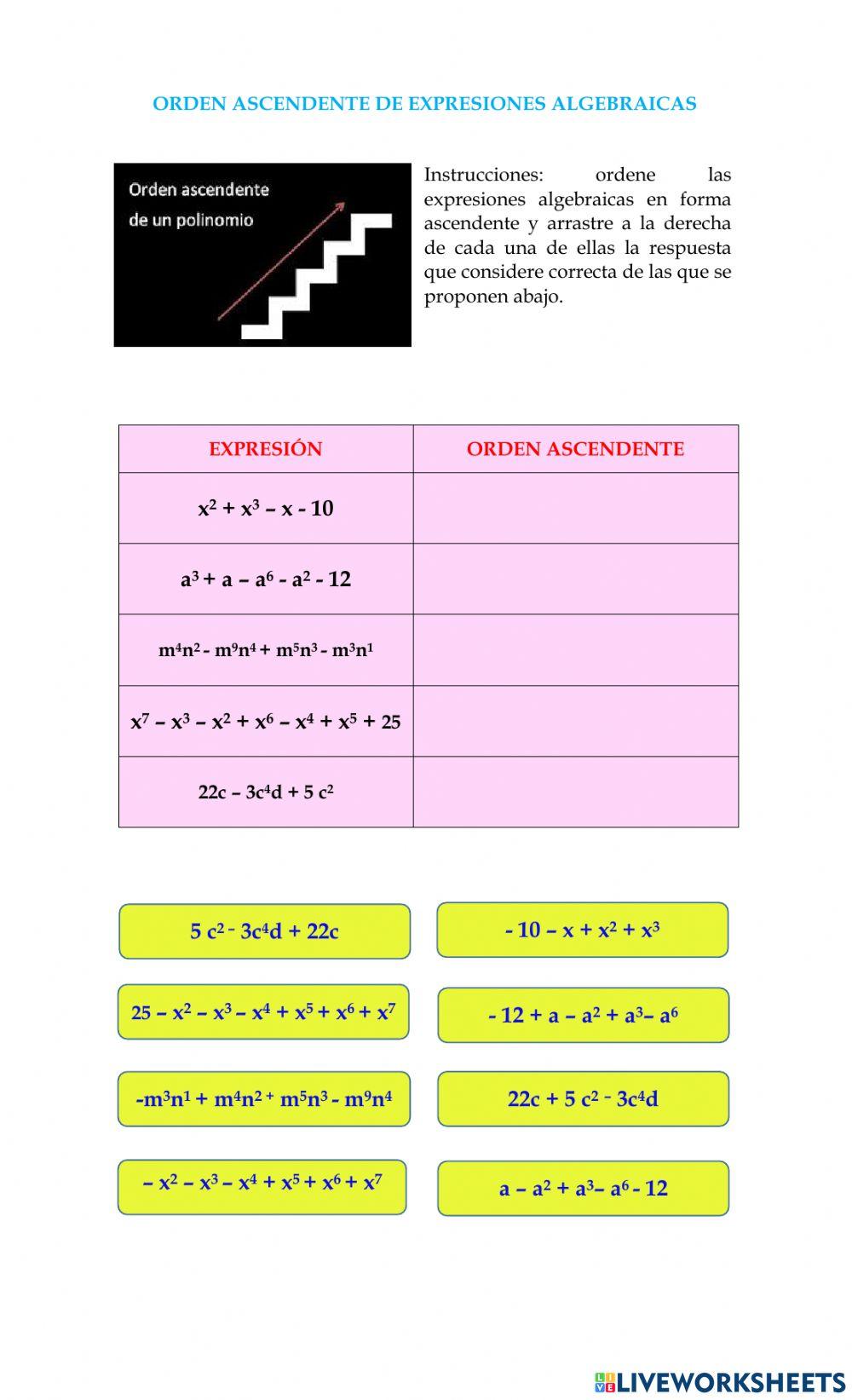 Clasificación, orden y valuación de expresiones algebraicaqs