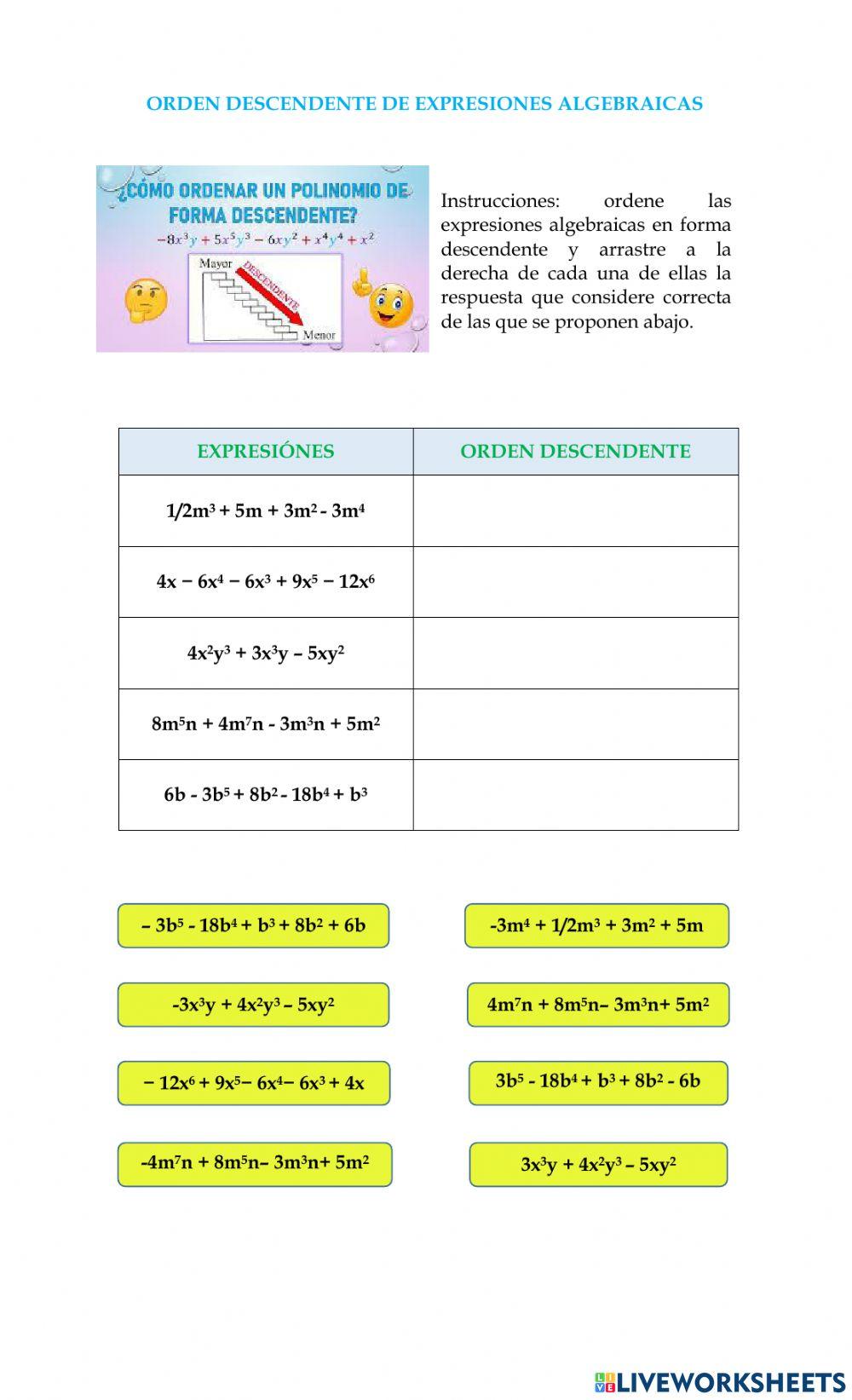 Clasificación, orden y valuación de expresiones algebraicaqs