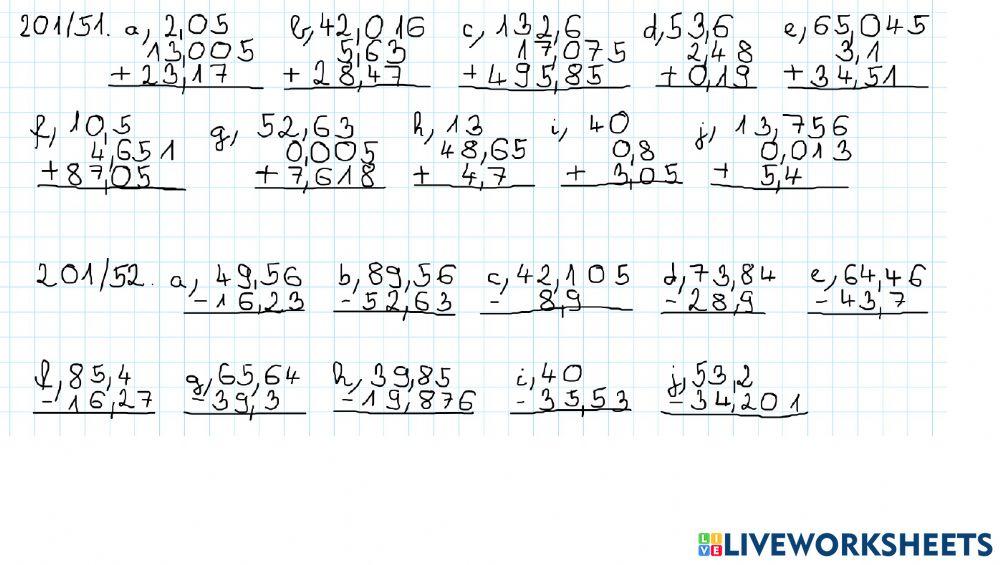 Írásbeli összeadás, kivonás