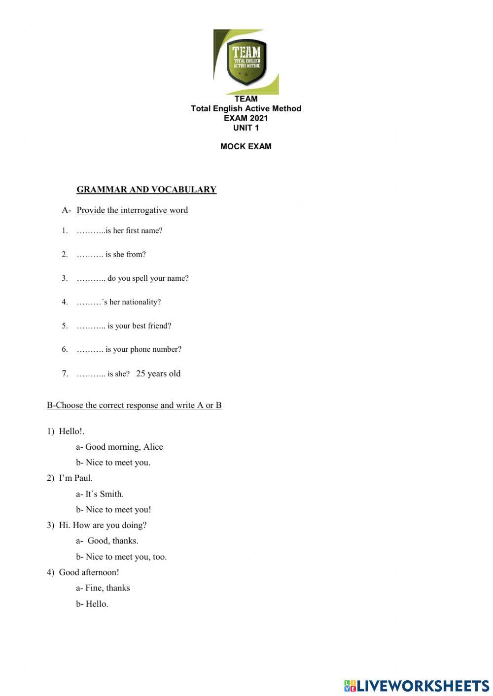 Mock Exam Unit 1 Level 1