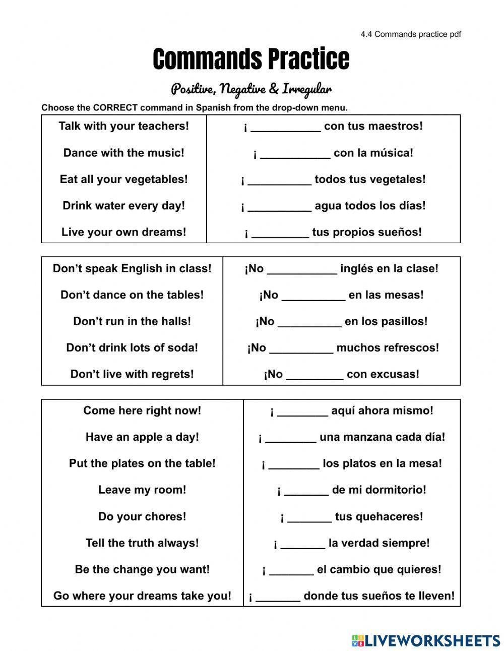 4.4 Commands practice worksheet | Live Worksheets 4.4 Commands practice worksheet | Live Worksheets