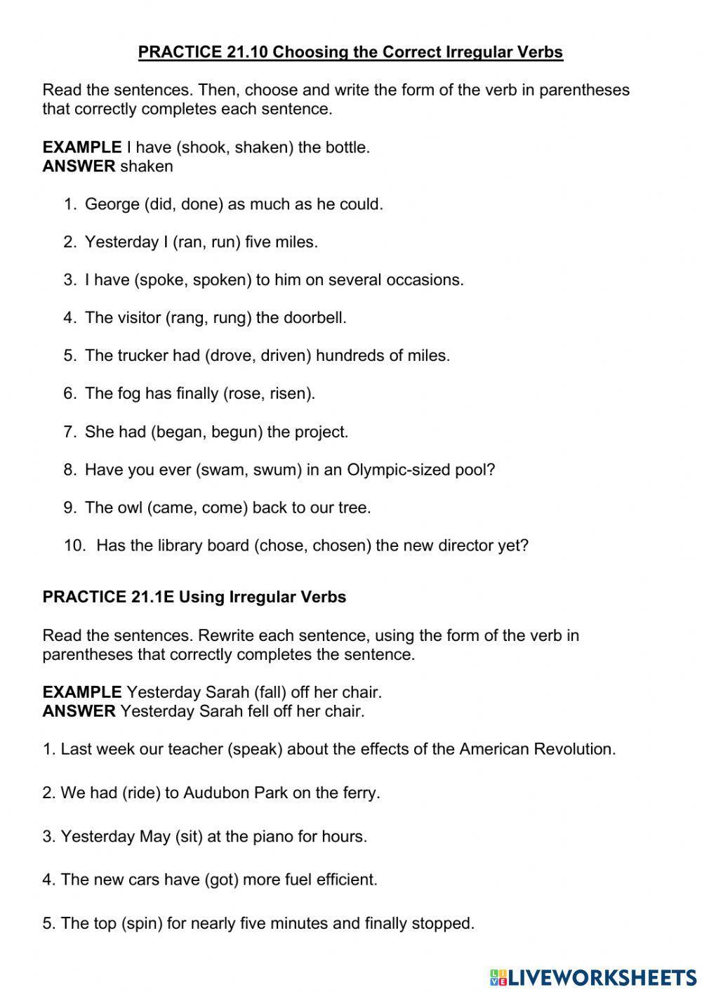 PRACTICE 21.10 Choosing the Correct Irregular Verbs