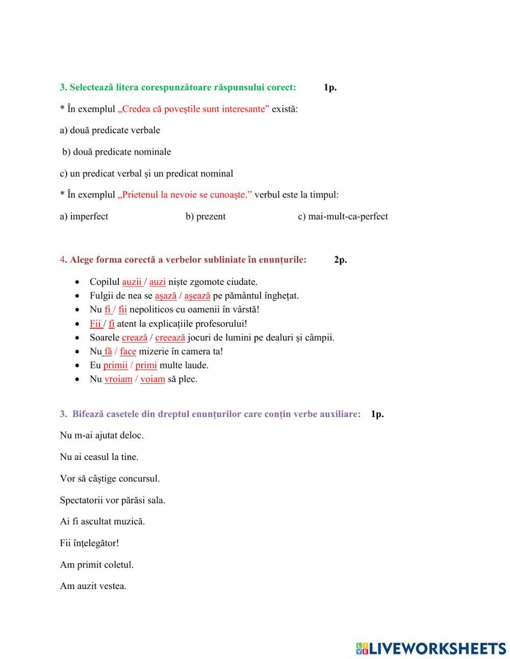 Test Verbul Clasa 5 worksheet | Live Worksheets