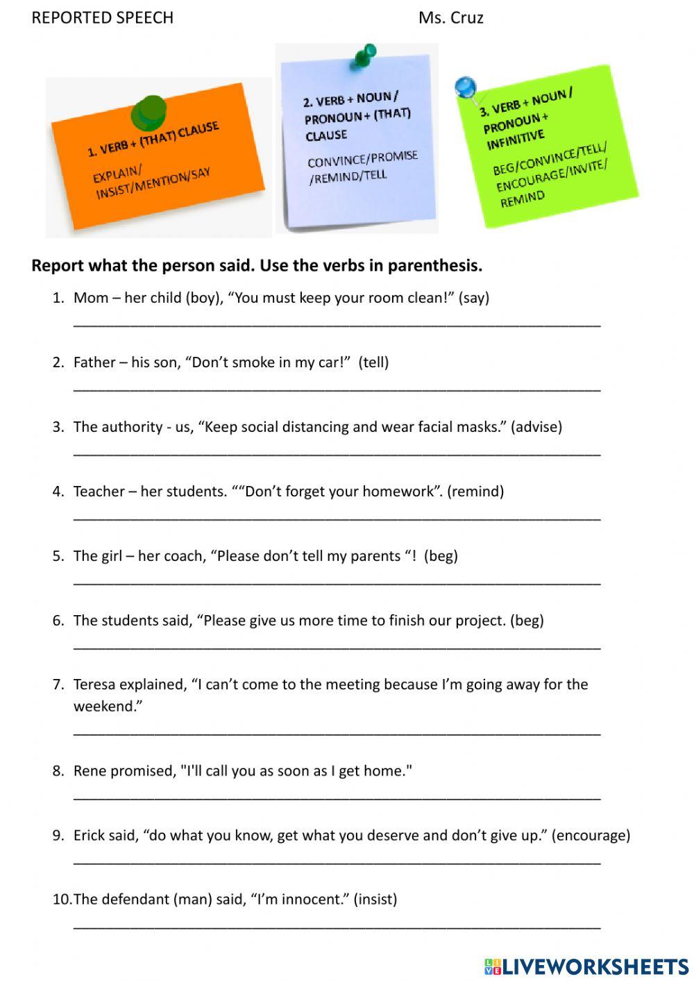 Reported speech worksheet | Live Worksheets