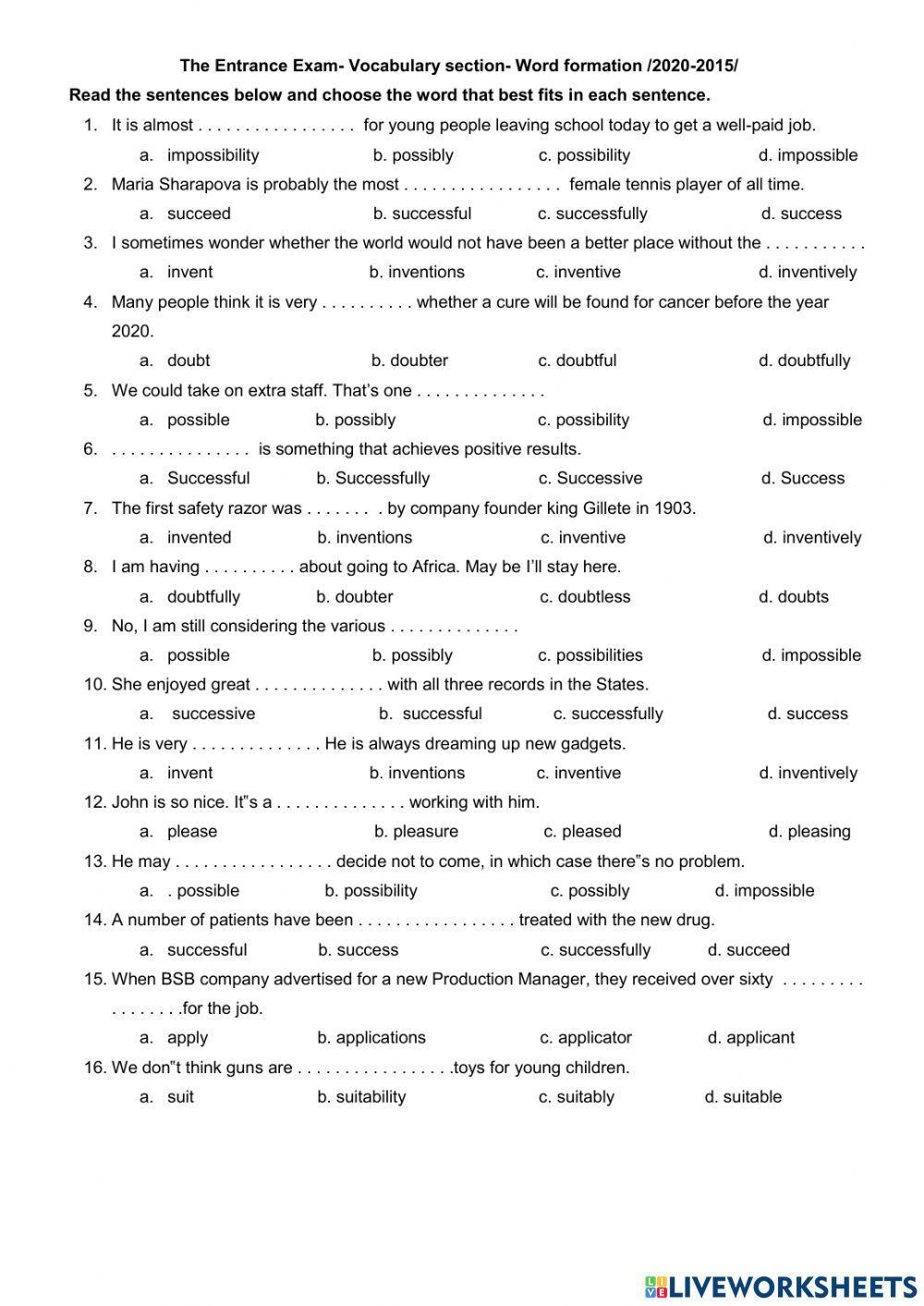 The Entrance exam Vocabulary section