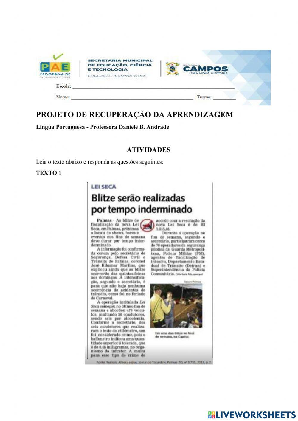 Atividades de Língua Portuguesa 9º ano