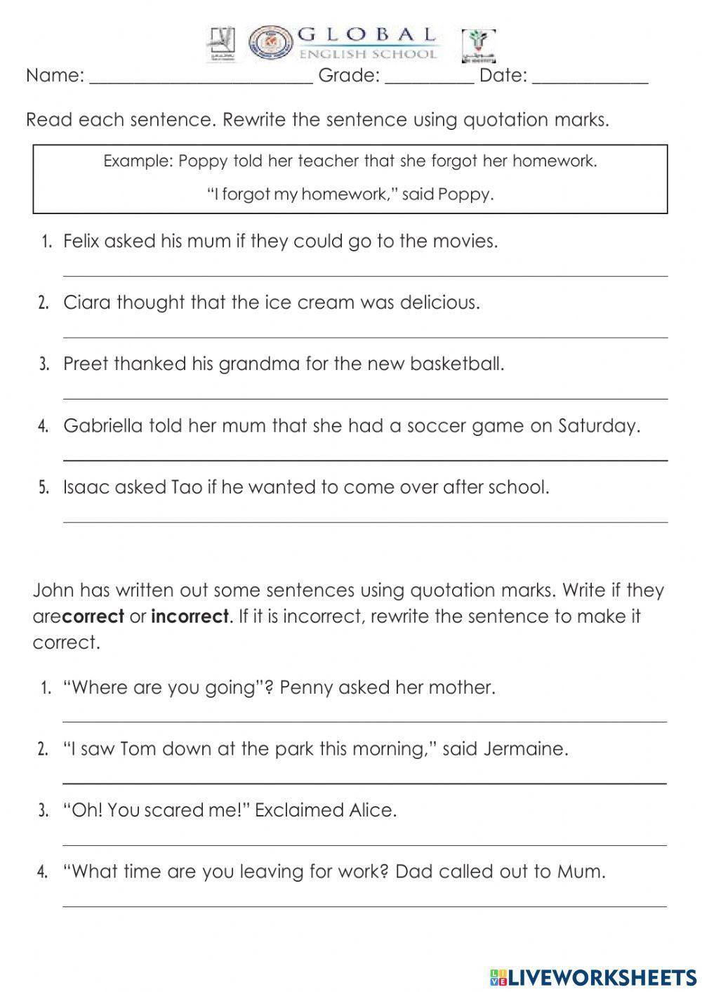 Quotation Marks Worksheet