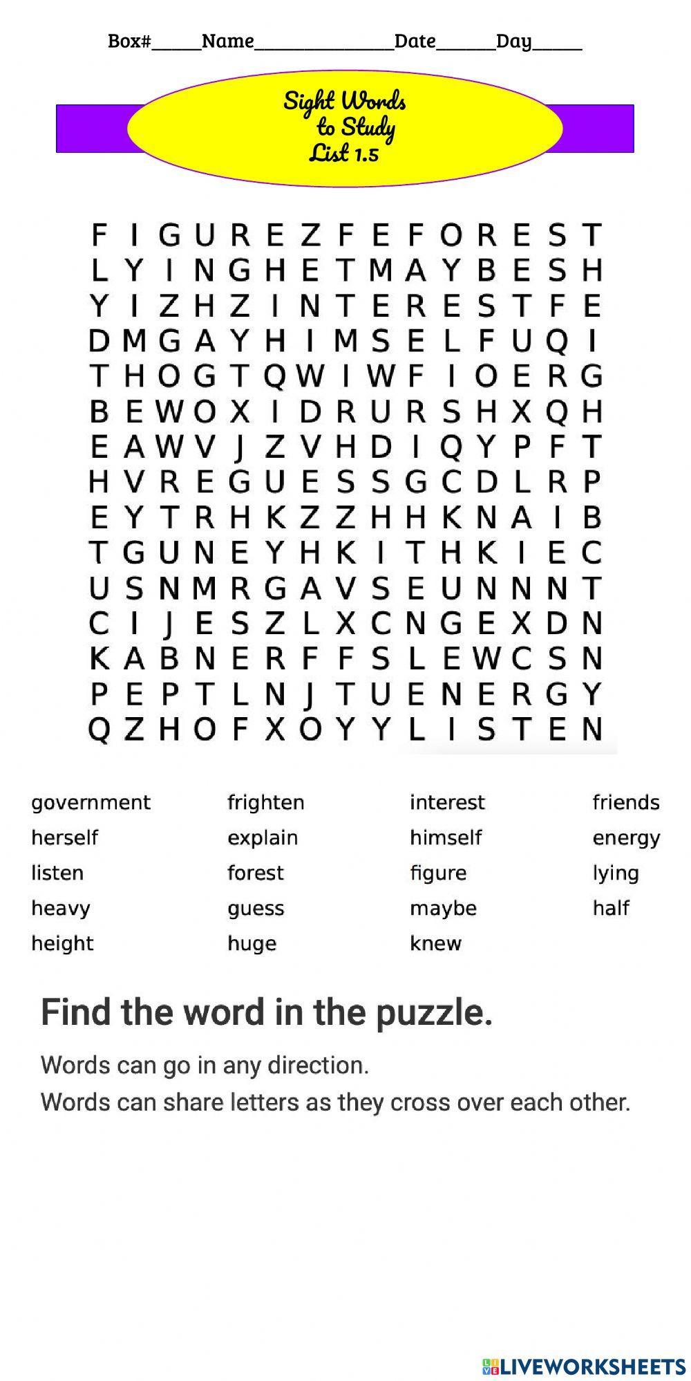 Sight Words 1.5 Word Search