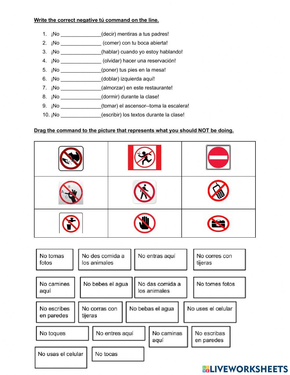 Negative t commands online exercise for live worksheets