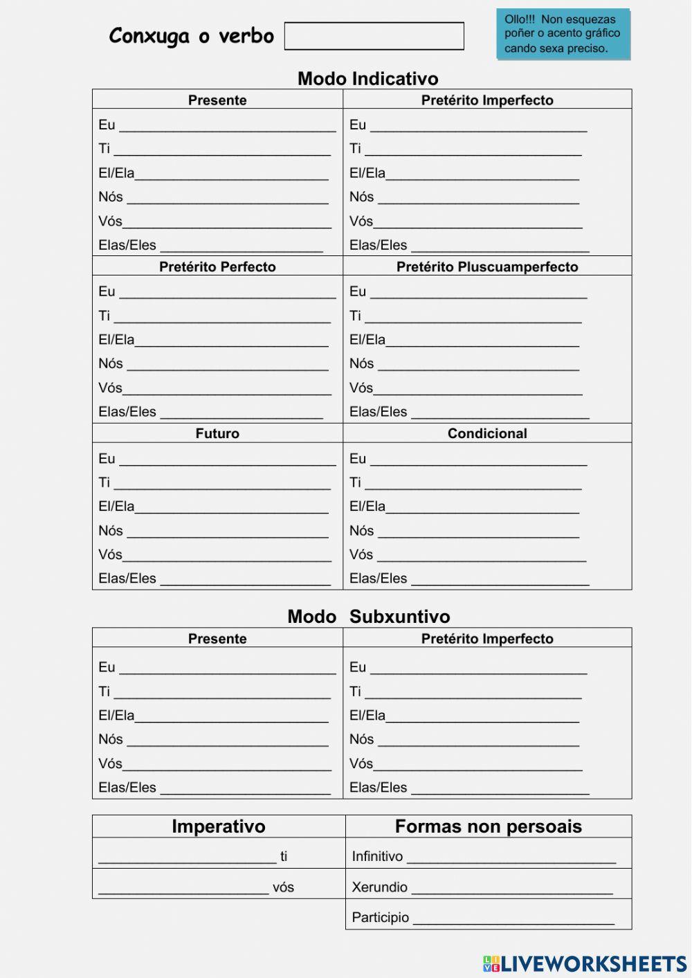 Os verbos. Ficha de conxugación