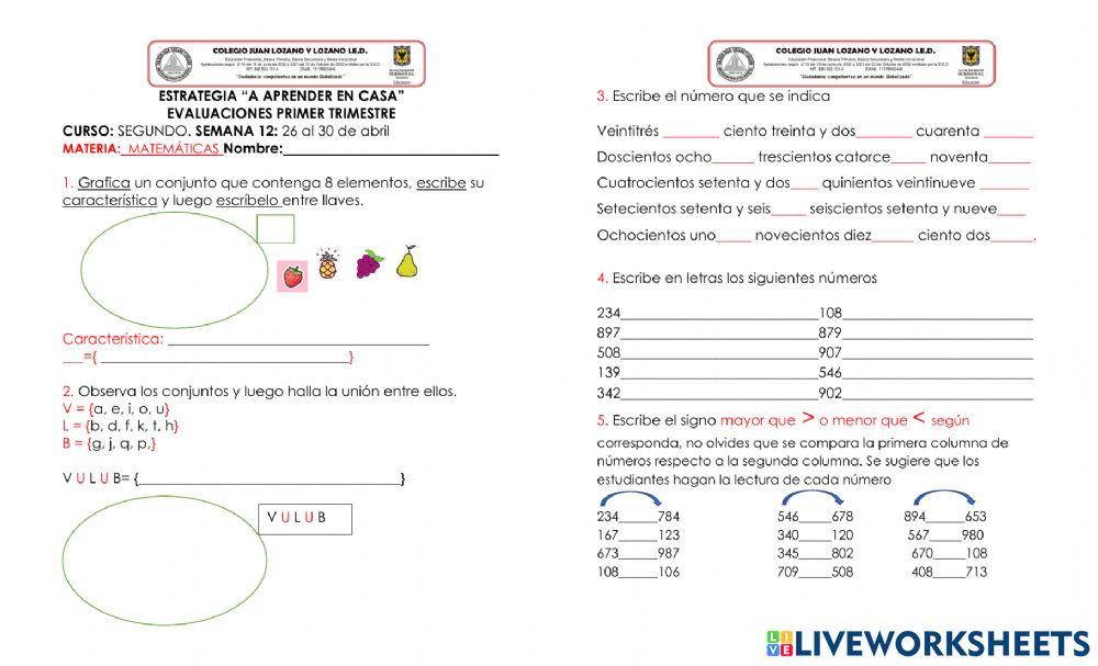 Evaluación de matemáticas trim 1