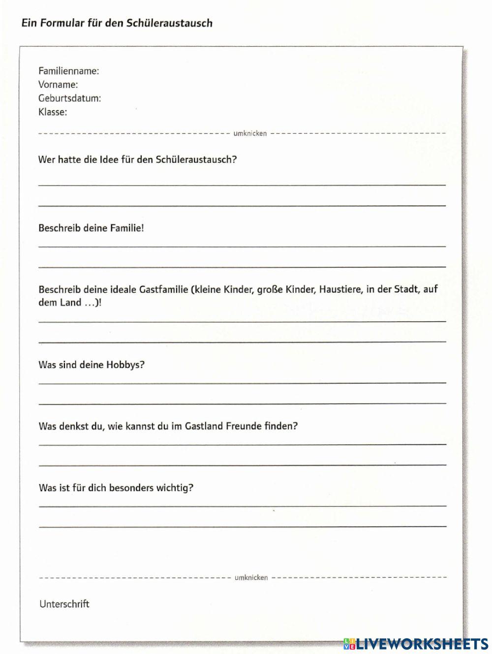 Formular für Schülerautausch Prima Plus A2.2