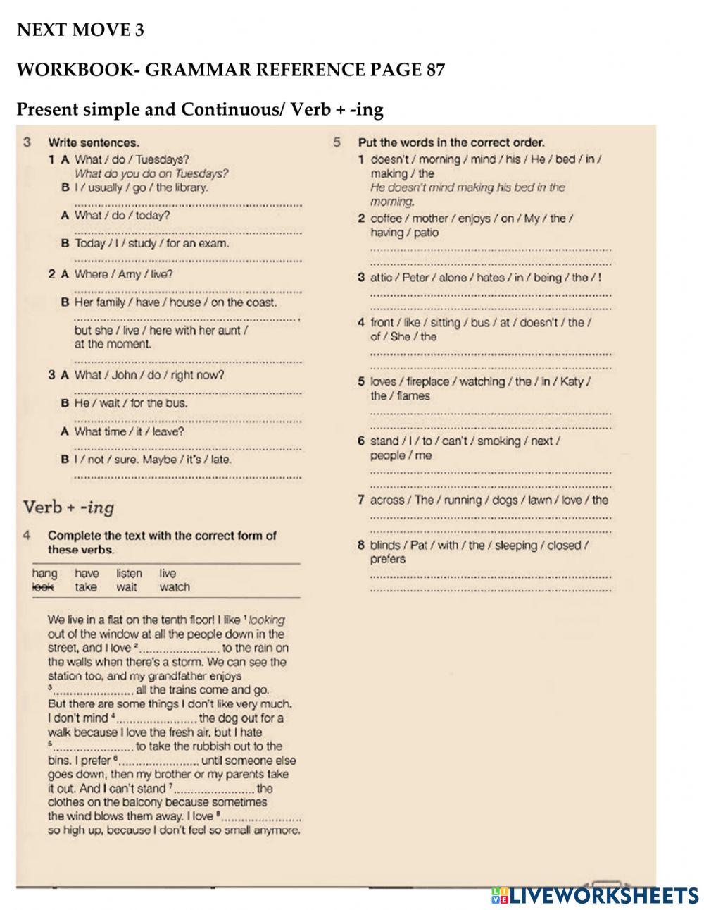Grammar reference page 87 Present Simple and Continuous- Verb+ -ing ...