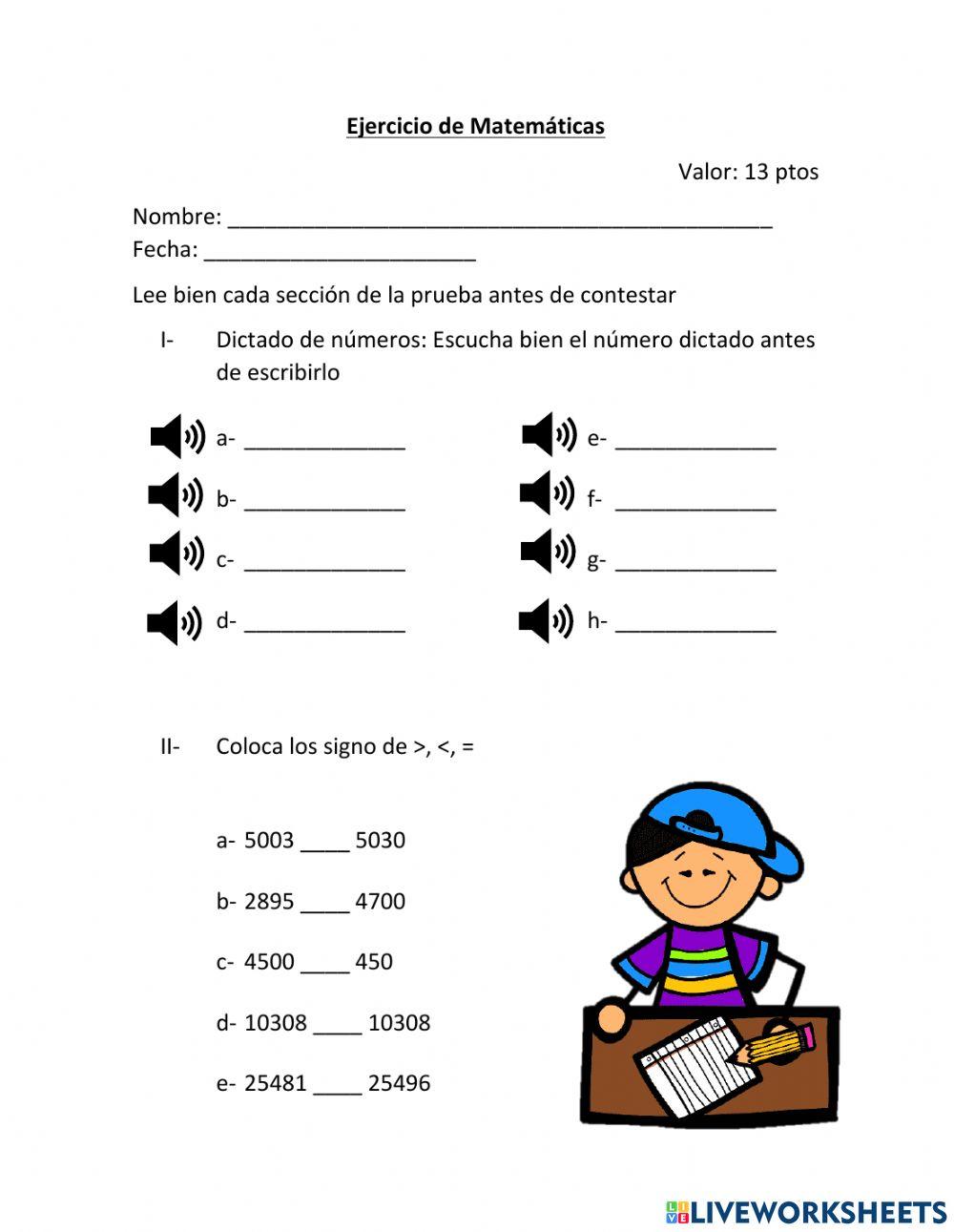 Dictado de números y relaciones de orden