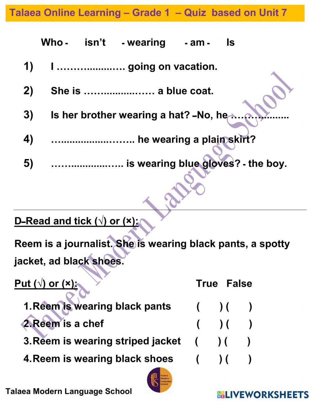 Connect Plus 1 - Grade 1 - Quiz on Unit 7