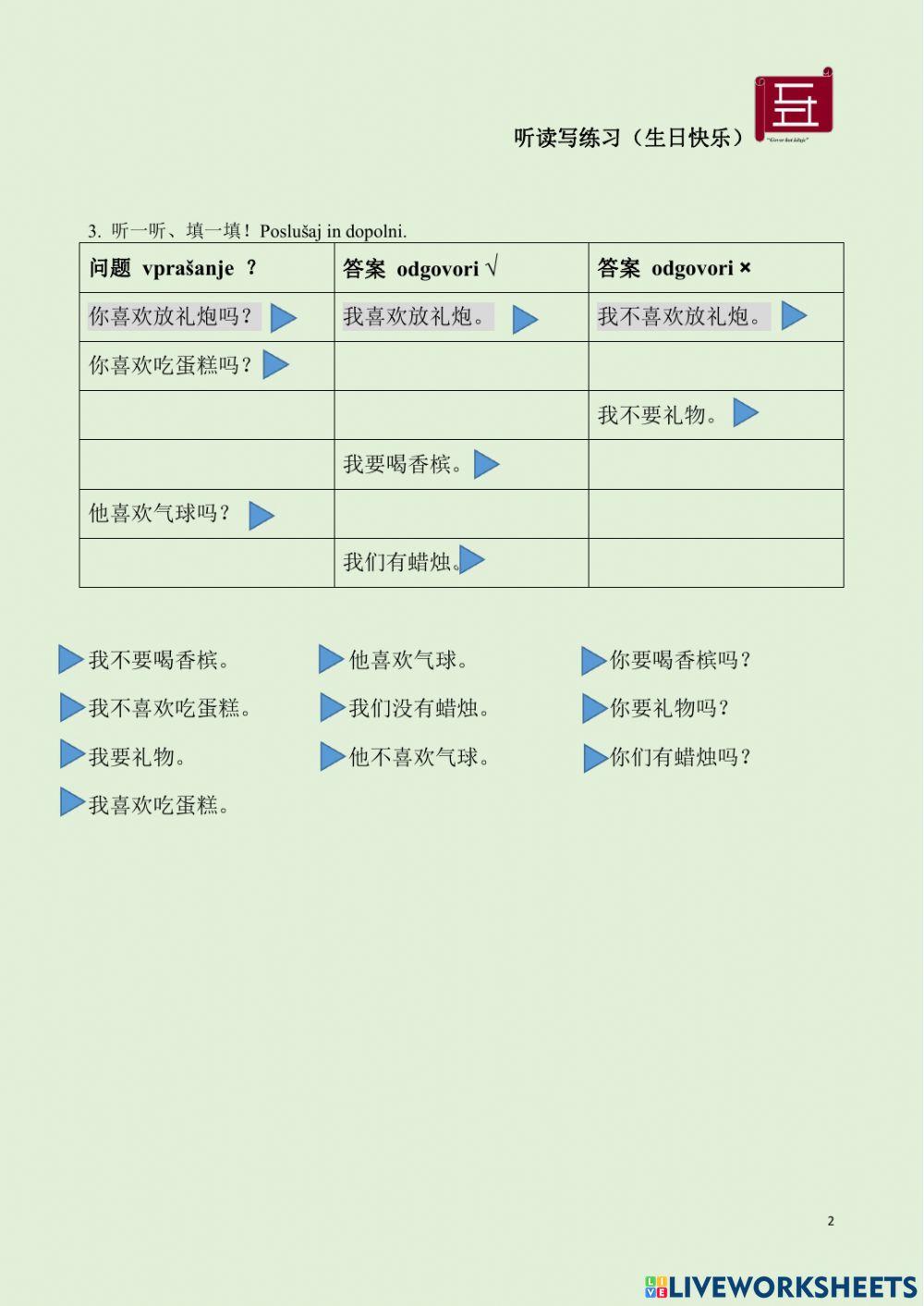 汉语 中文 听读写练习（生日快乐）Chinese Listening speaking and writing practice