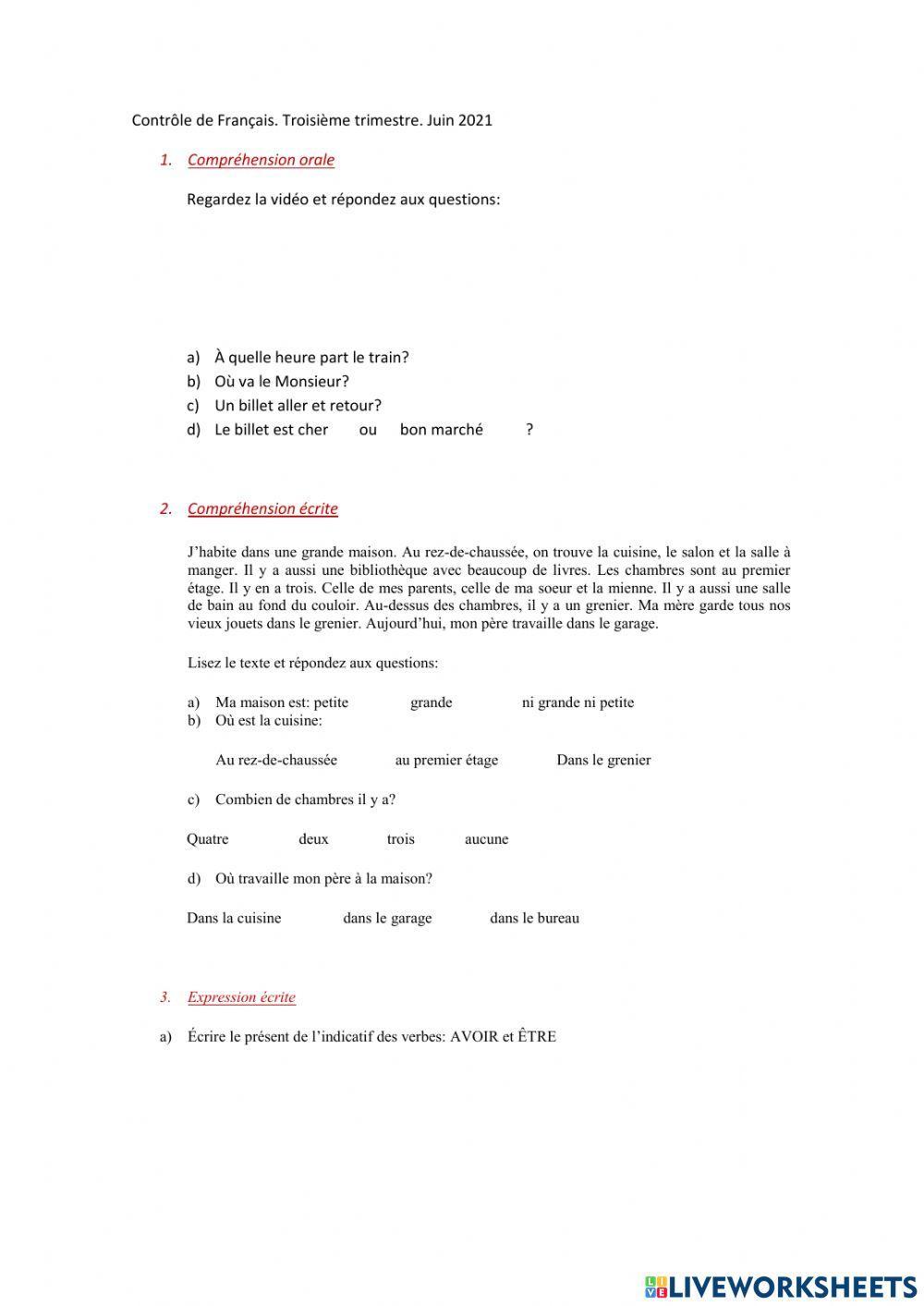 Examen de Francés sexto Primaria Examen de Francés sexto Primaria
