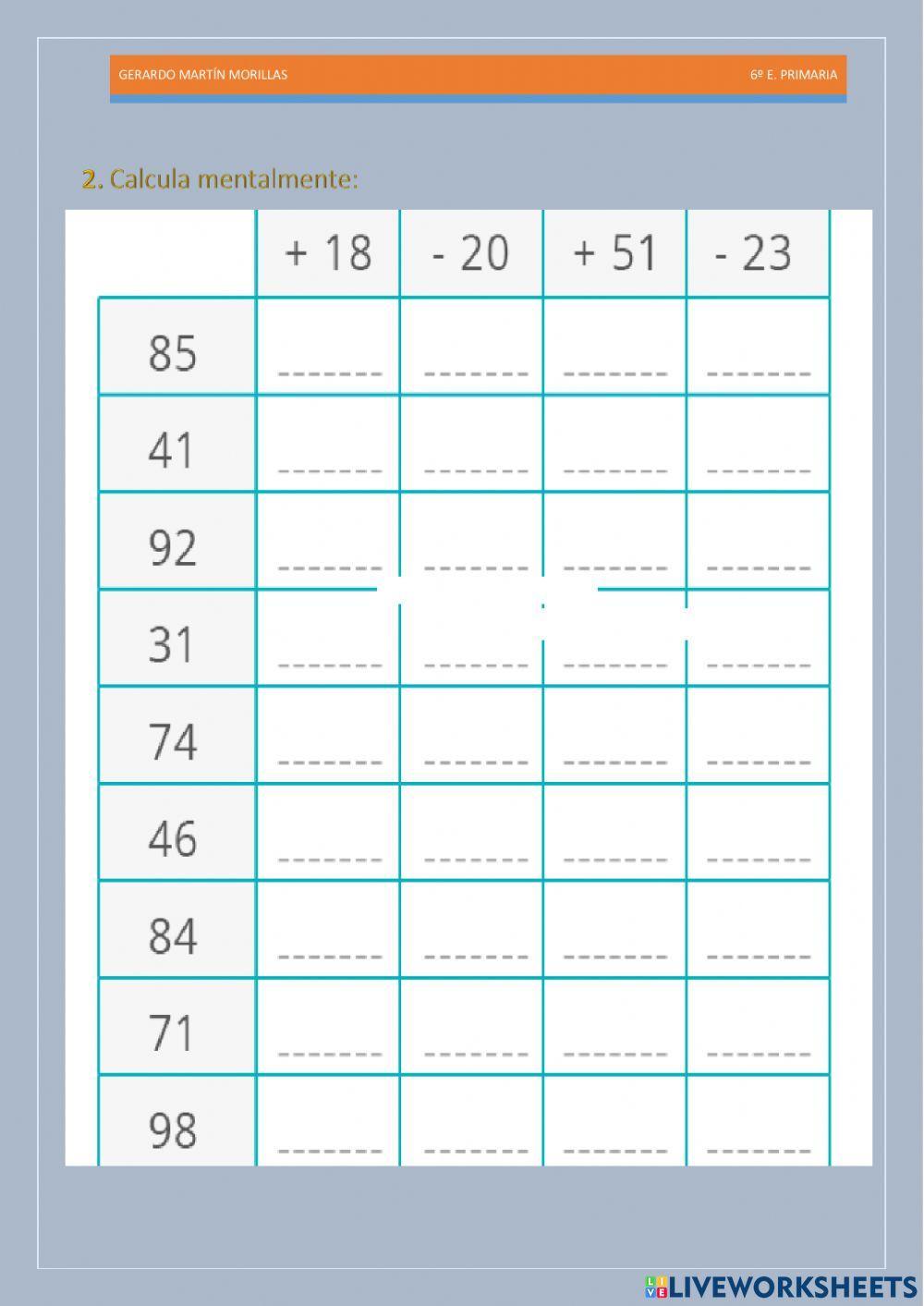 Cálculo y operaciones. Ficha 20.