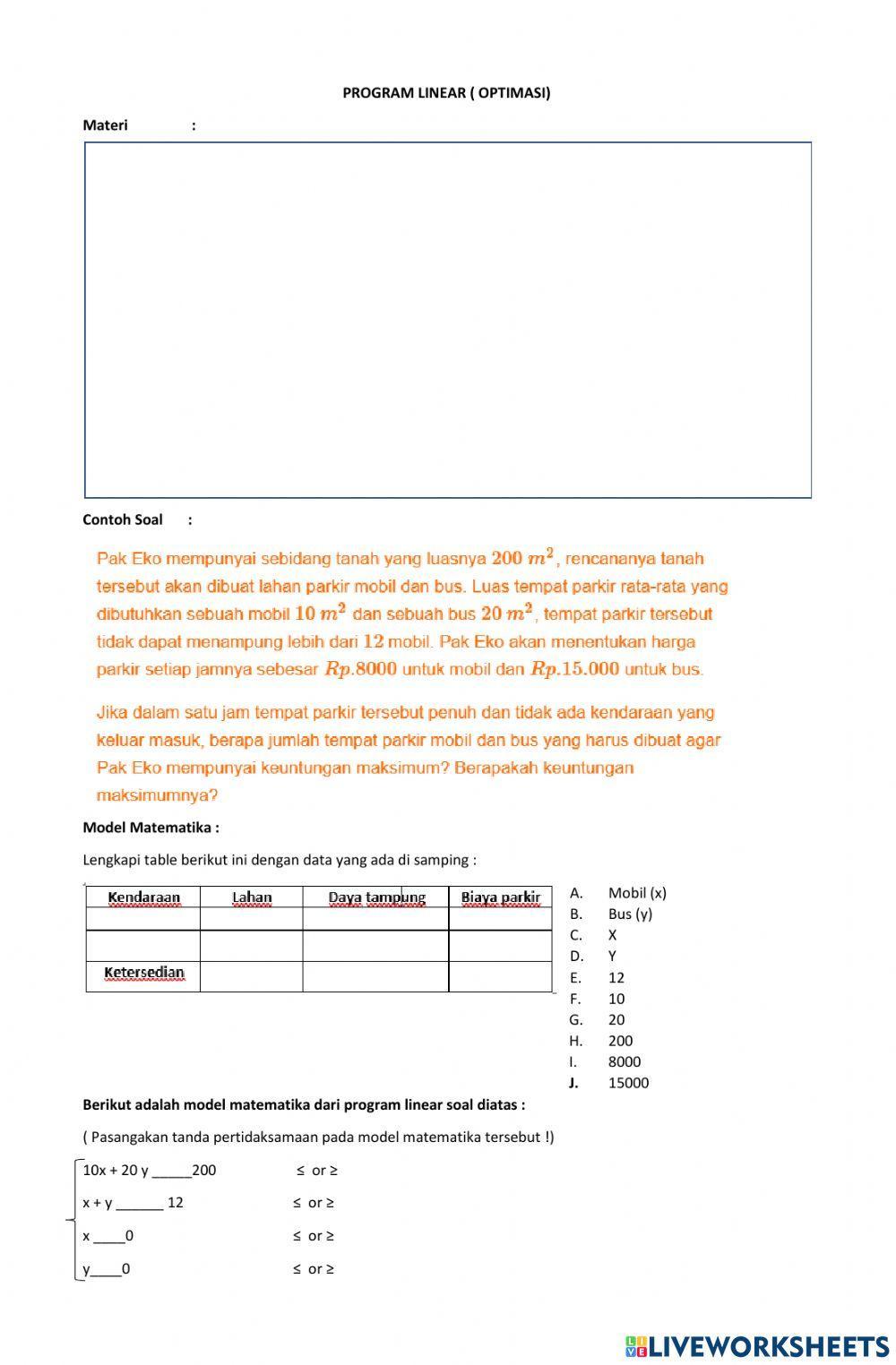 Program Linear activity | Live Worksheets