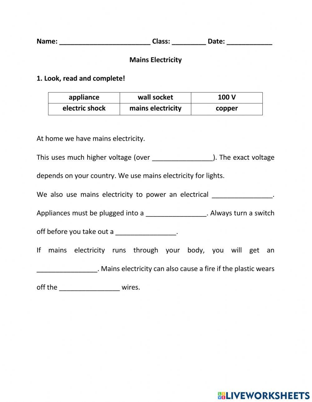 Mains Electricity Worksheet Mains Electricity Worksheet