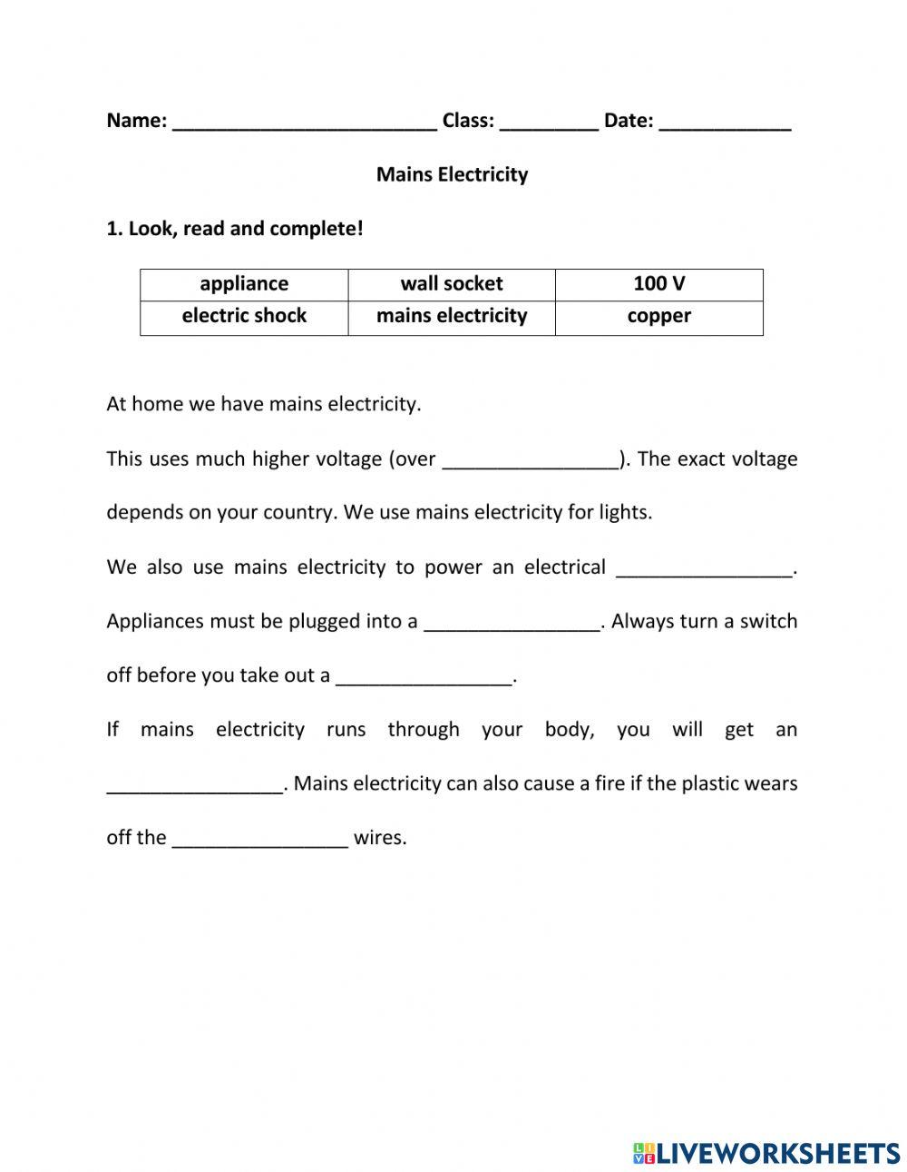 Mains Electricity Worksheet