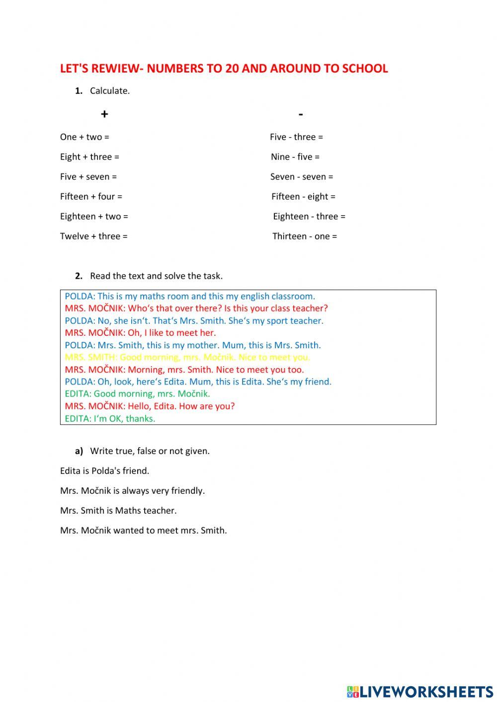 Number to 20 and around to school