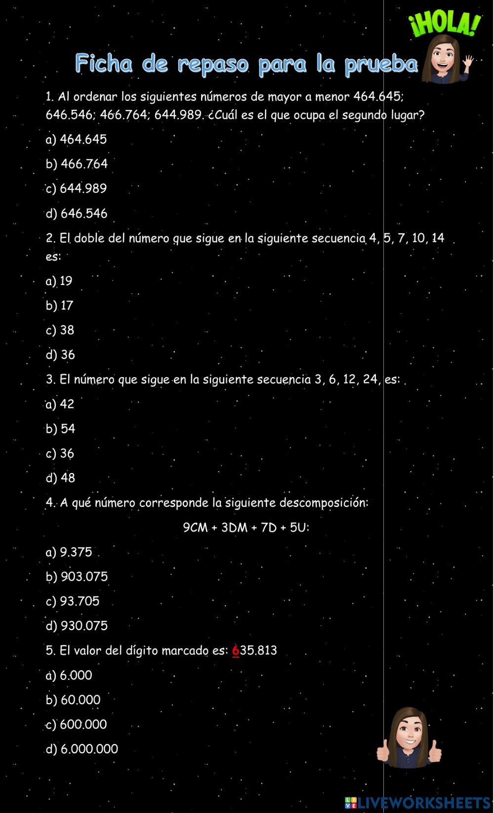 Ficha de repaso para la prueba