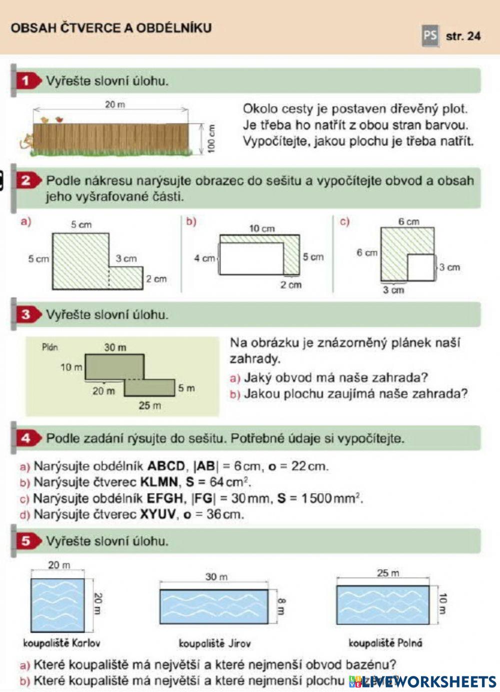 Obvod a obsah čtverce a obdelníku - slovní úlohy