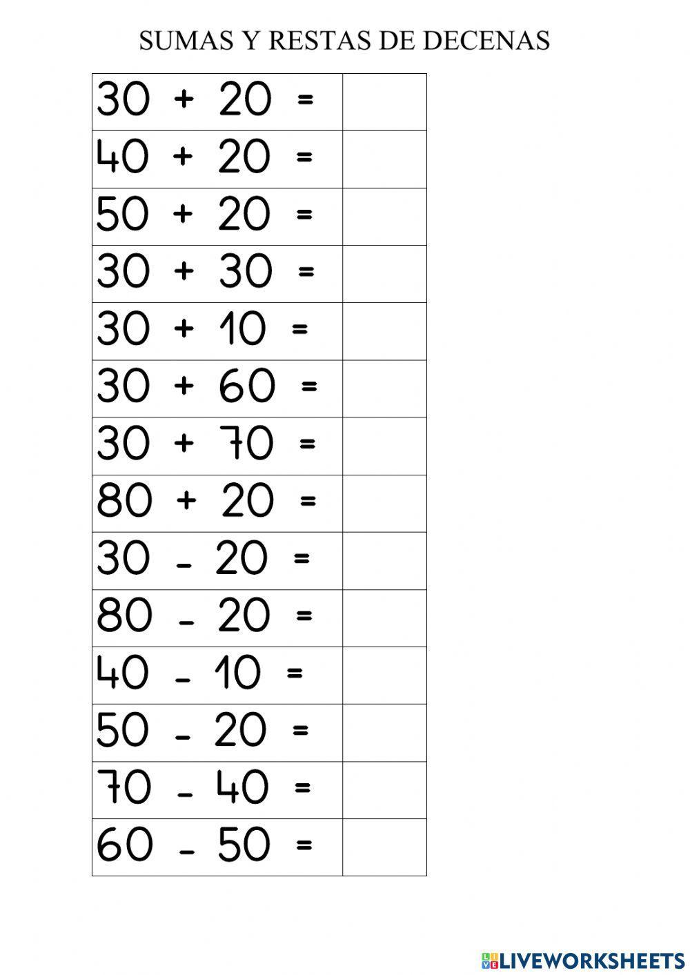 Sumar y restar decenas. oaoa