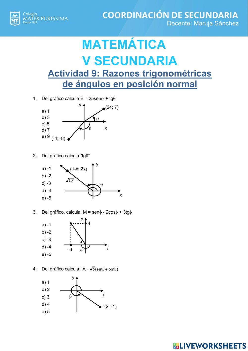 Razones trigonométricas de angulos en posición normal