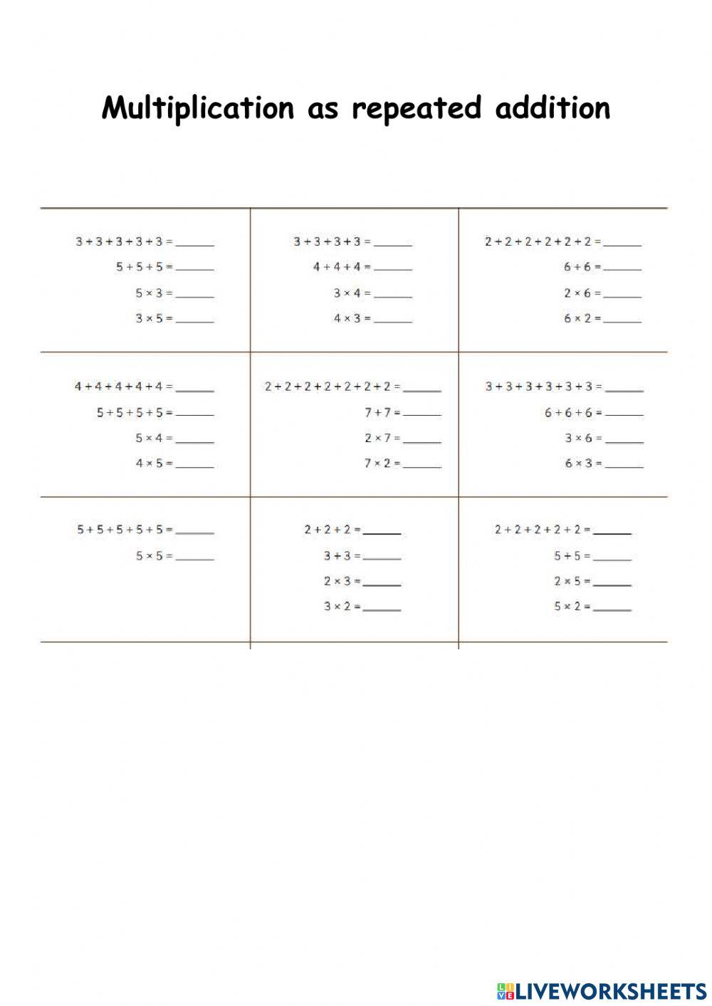 Multiplication as repeated addition online worksheet | Live Worksheets
