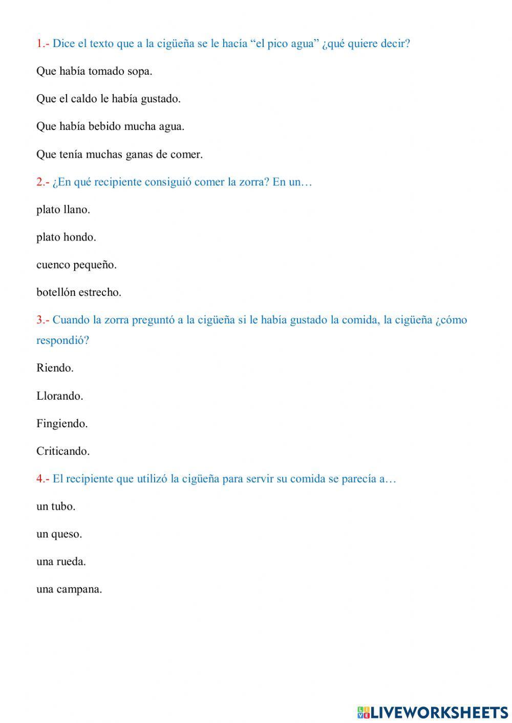 COMPRENSIÓN LECTORA -LA ZORRA Y LA CIGÜEÑA-