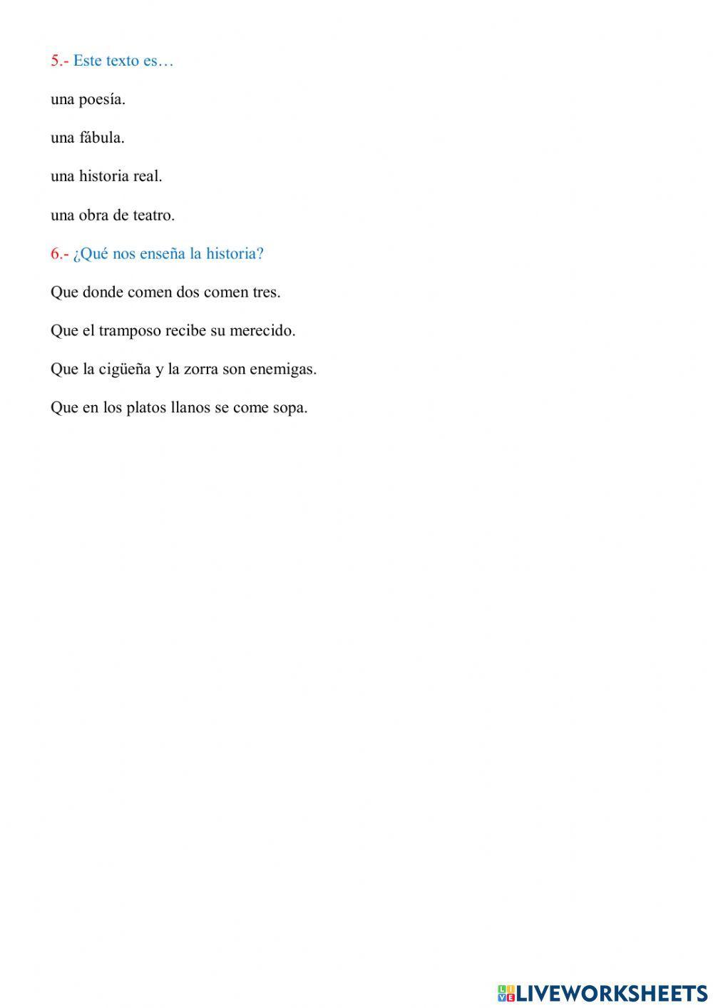 COMPRENSIÓN LECTORA -LA ZORRA Y LA CIGÜEÑA-