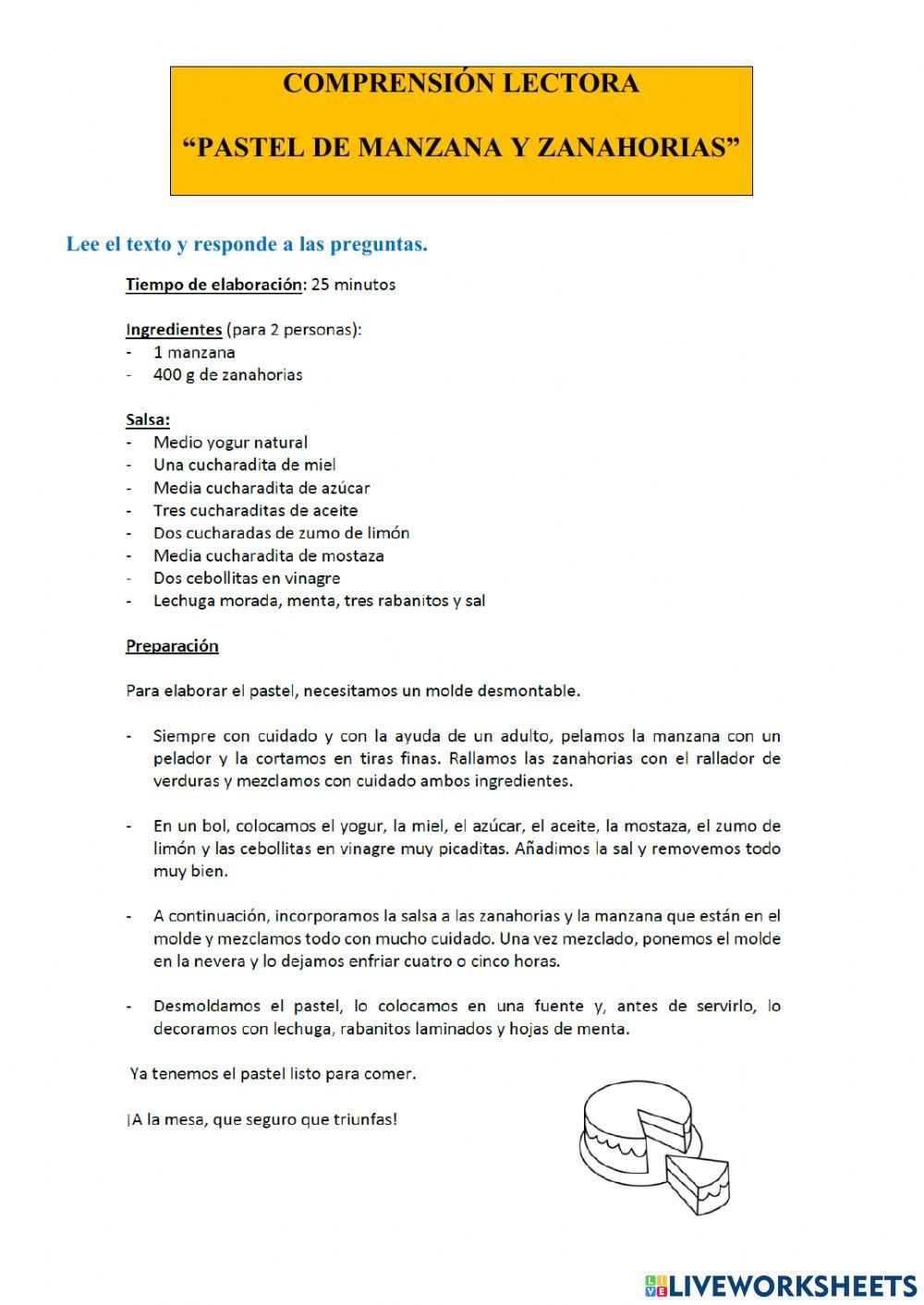 COMPRENSIÓN LECTORA -PASTEL DE MANZANA Y ZANAHORIAS-
