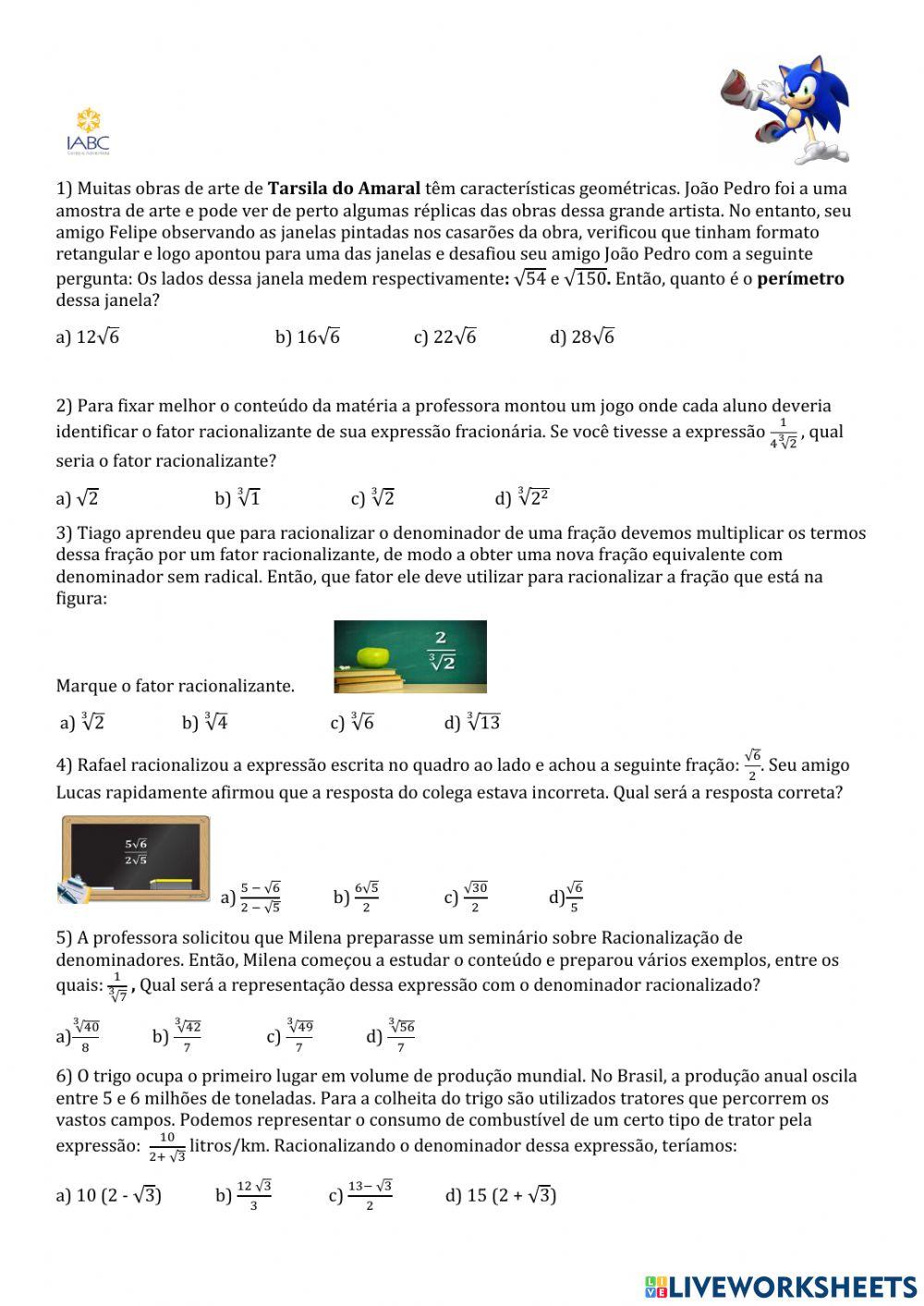 Simplificação de radicais interactive worksheet